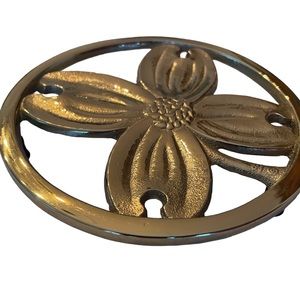 Virginia Metalcrafters Solid Brass Gold Signed Dogwood Flower Trivet, MCM 1950